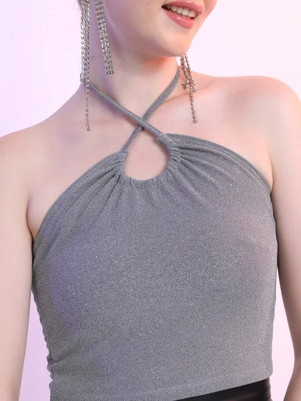  Ketch Women Silver Self Design Fitted Tops