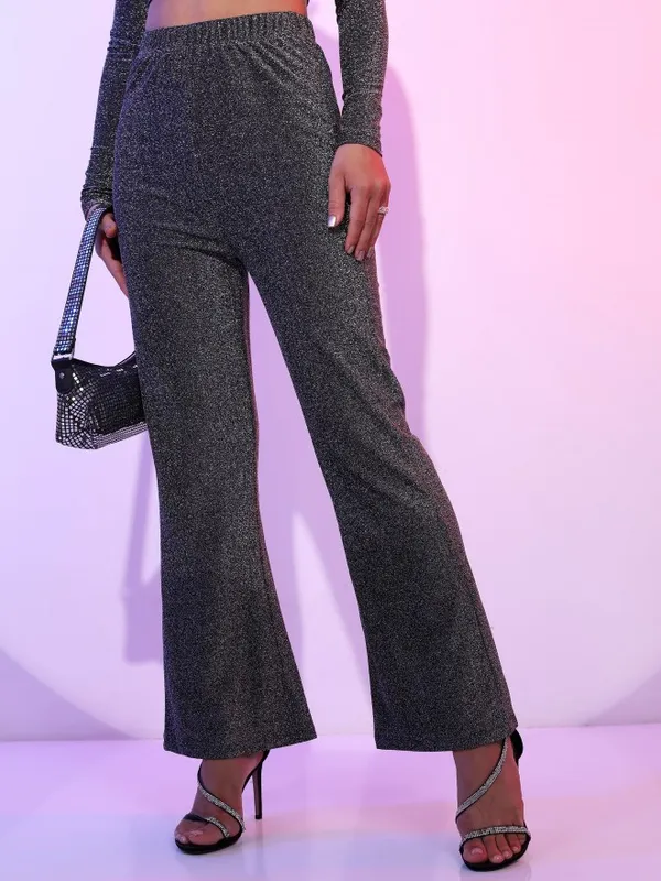  Tokyo Talkies Women Silver Self Design Regular Fit Casual Trousers