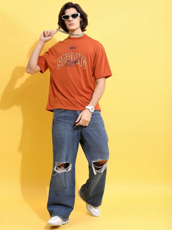 Ketch Men Rust Printed Oversized Fit T-Shirt