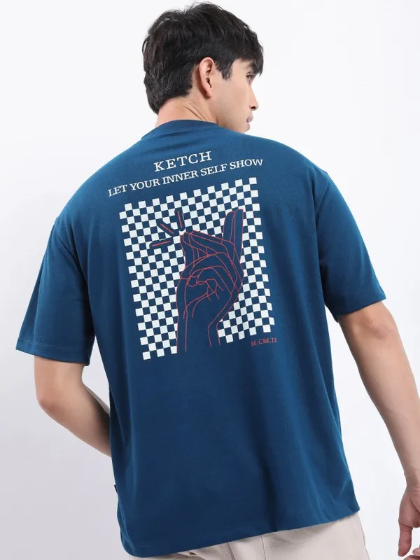  Ketch Men Teal Printed Round Neck T-Shirts