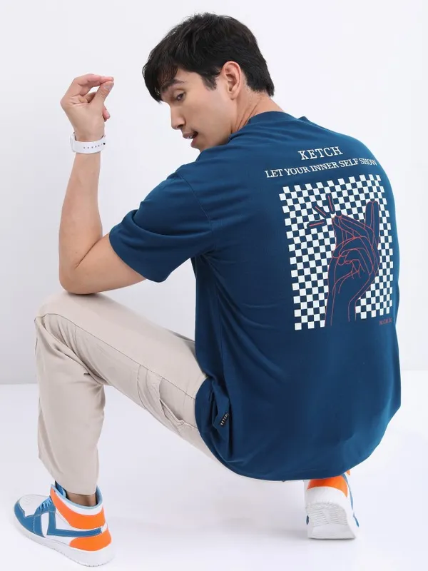  Ketch Men Teal Printed Round Neck T-Shirts
