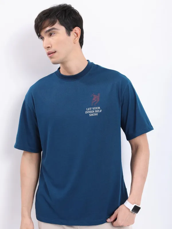  Ketch Men Teal Printed Round Neck T-Shirts