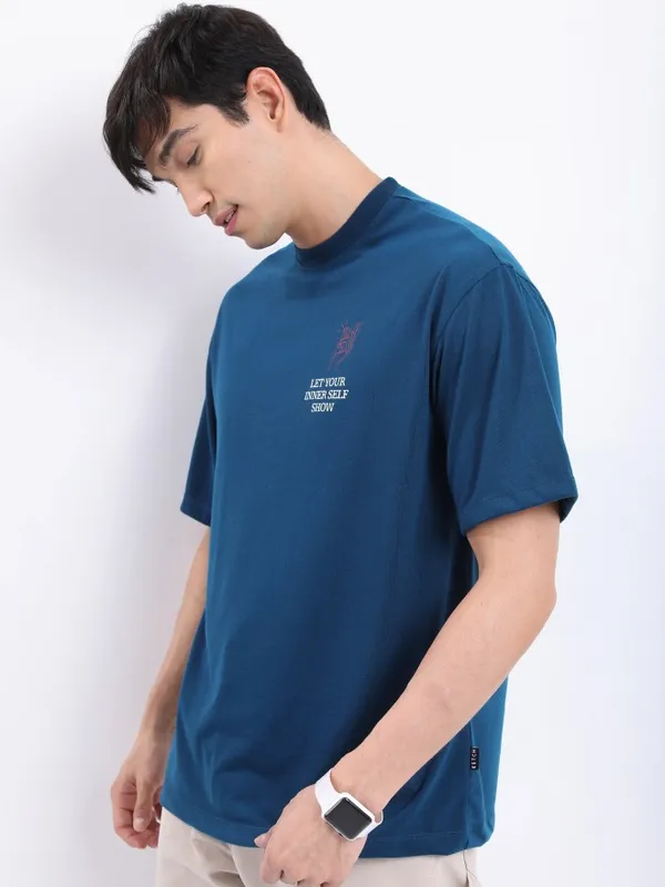  Ketch Men Teal Printed Round Neck T-Shirts
