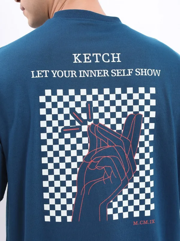  Ketch Men Teal Printed Round Neck T-Shirts