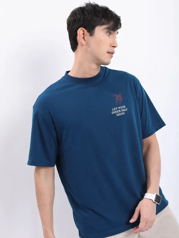  Ketch Men Teal Printed Round Neck T-Shirts