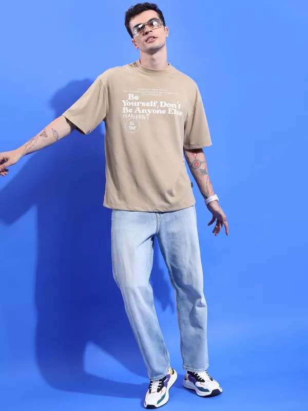  Ketch Men Beige Printed Round Neck T-Shirts