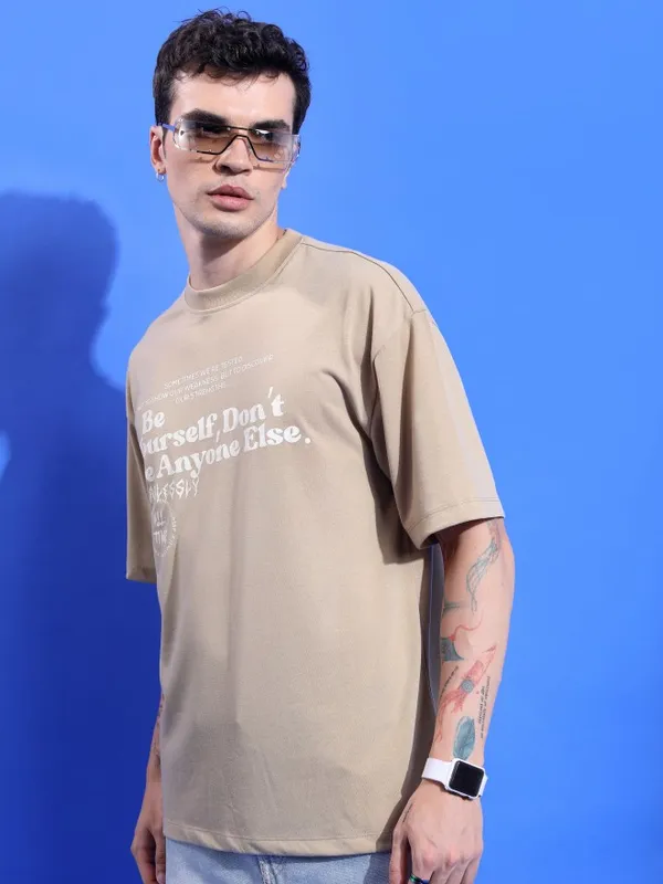  Ketch Men Beige Printed Round Neck T-Shirts