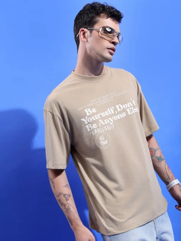  Ketch Men Beige Printed Round Neck T-Shirts