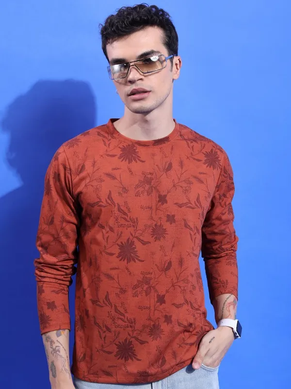  Ketch Men Terracotta Printed Round Neck T-Shirts