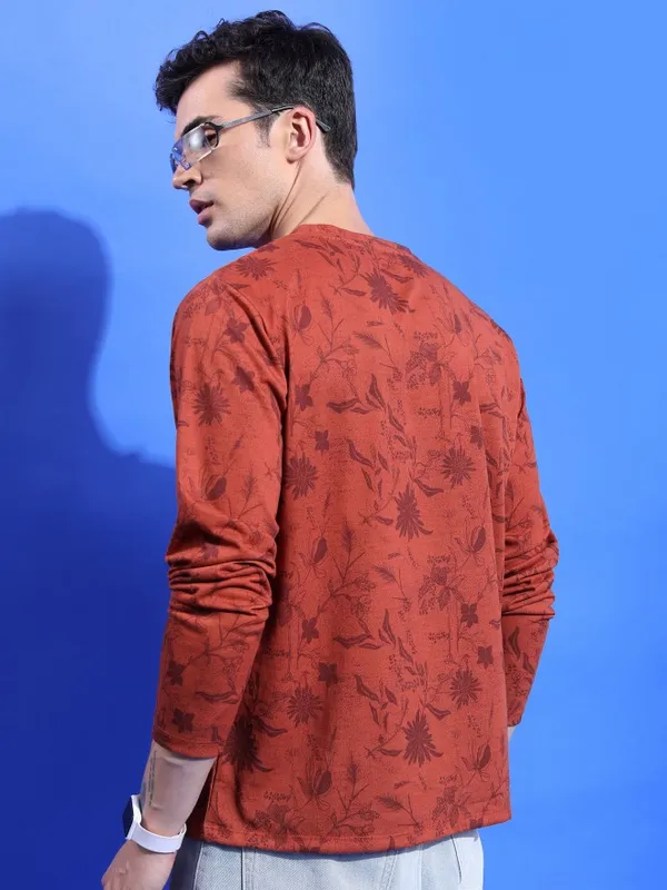  Ketch Men Terracotta Printed Round Neck T-Shirts