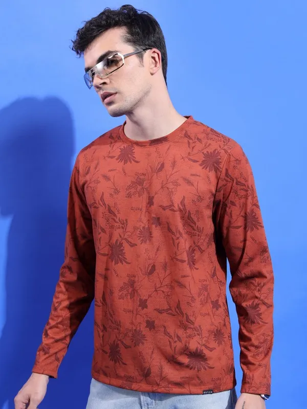  Ketch Men Terracotta Printed Round Neck T-Shirts