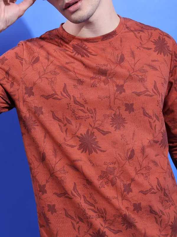  Ketch Men Terracotta Printed Round Neck T-Shirts