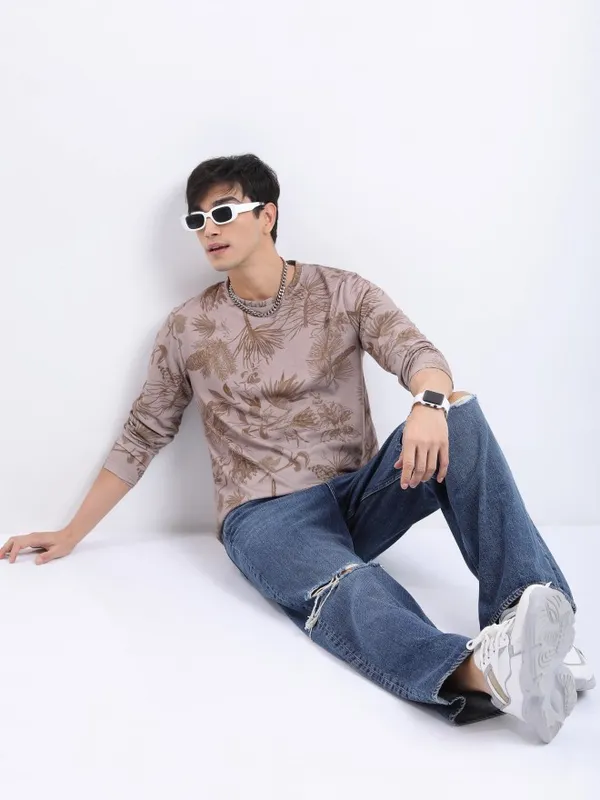  Highlander Men Beige Printed Round Neck T-Shirts