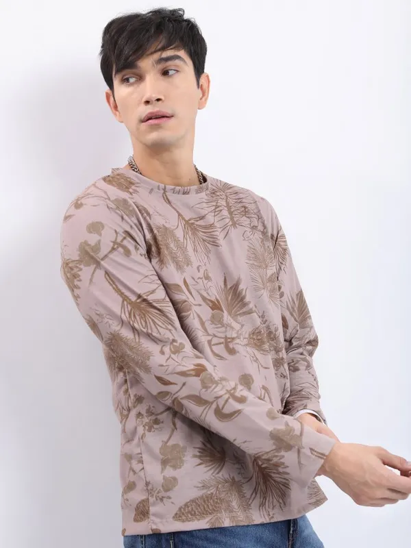  Highlander Men Beige Printed Round Neck T-Shirts