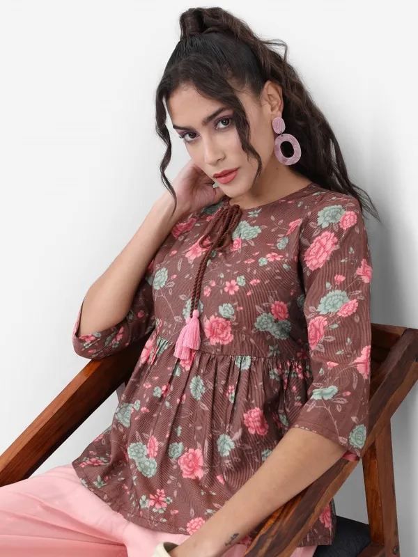  Ketch Women Brown Printed Peplum Tops