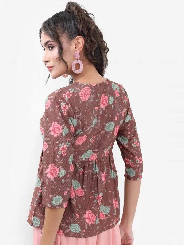  Ketch Women Brown Printed Peplum Tops