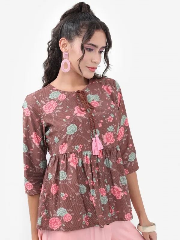  Ketch Women Brown Printed Peplum Tops