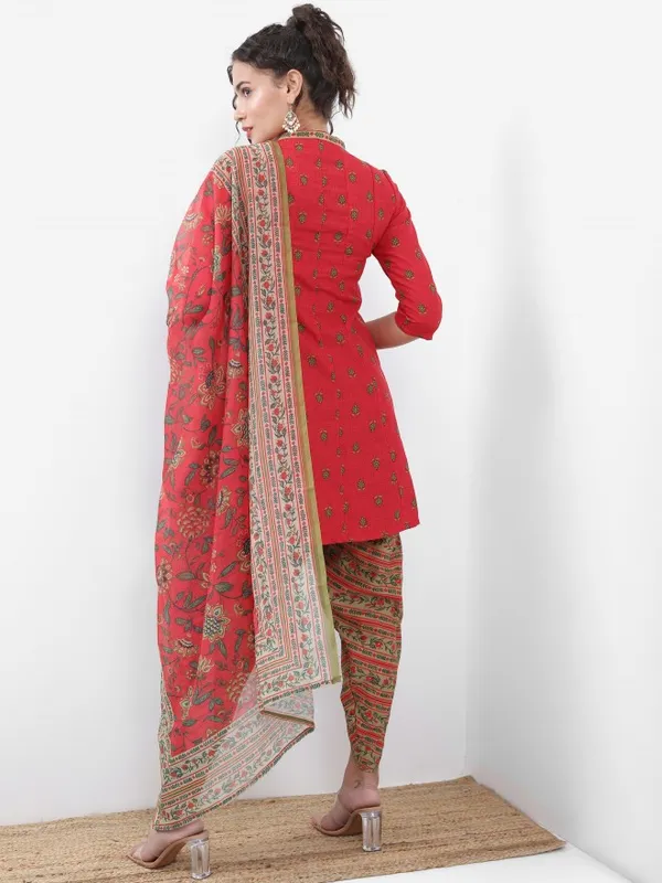 Vishudh Women Red Printed Kurta With Dhoti Pant And Dupatta