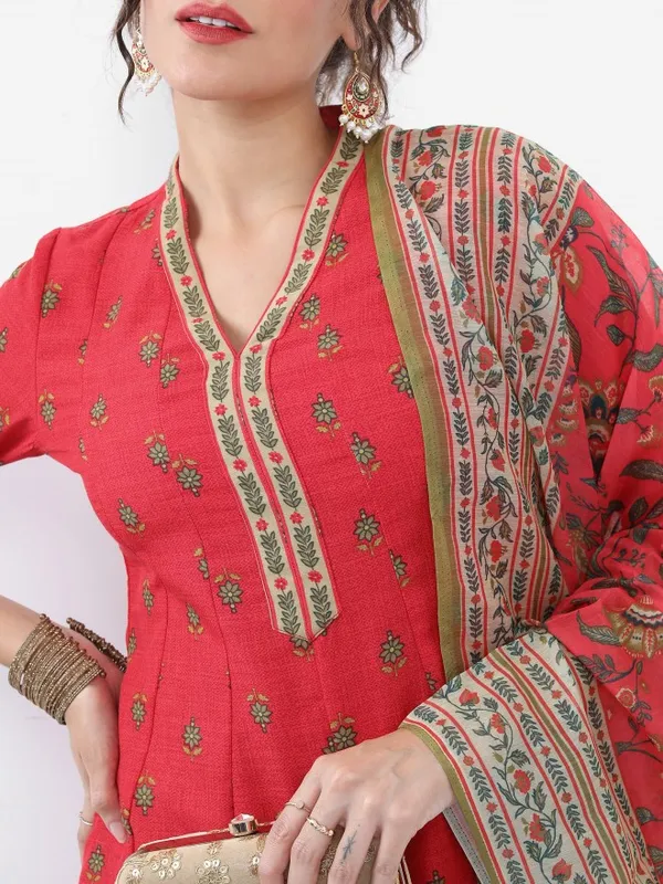Vishudh Women Red Printed Kurta With Dhoti Pant And Dupatta