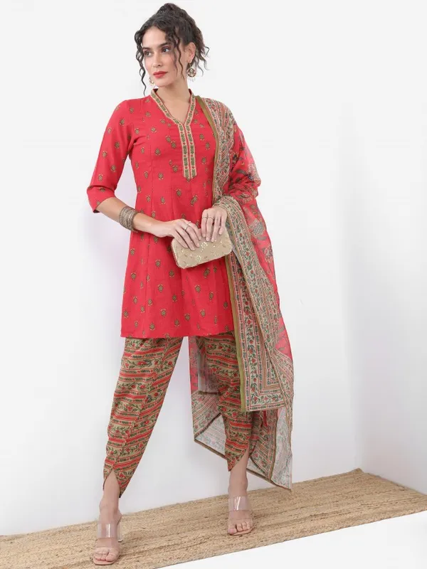 Vishudh Women Red Printed Kurta With Dhoti Pant And Dupatta