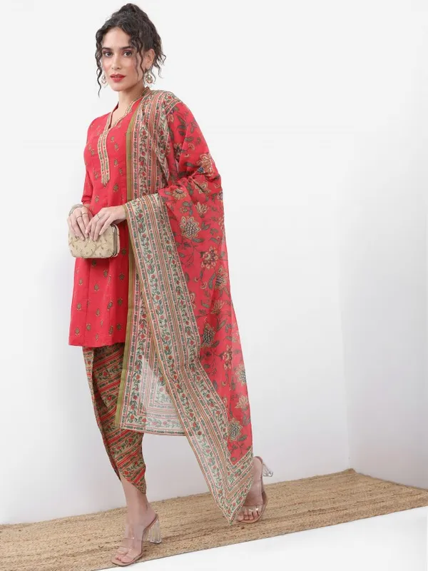 Vishudh Women Red Printed Kurta With Dhoti Pant And Dupatta