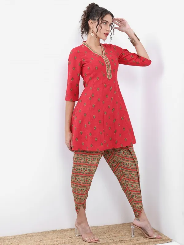 Vishudh Women Red Printed Kurta With Dhoti Pant And Dupatta