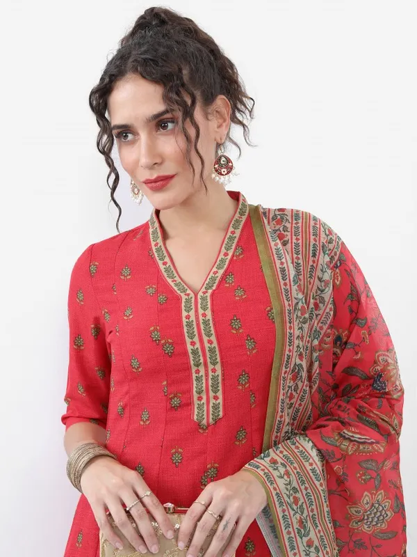 Vishudh Women Red Printed Kurta With Dhoti Pant And Dupatta