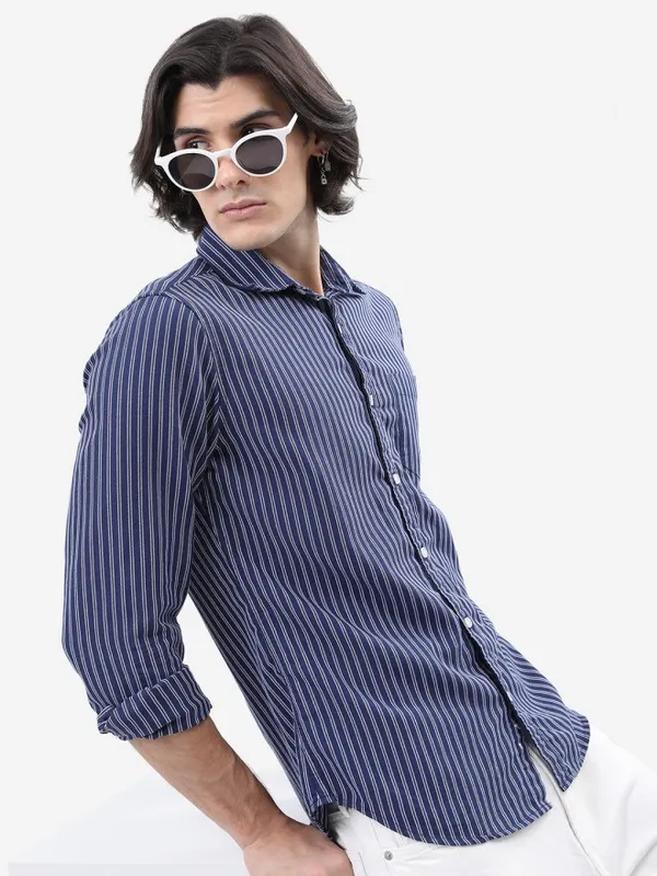  Highlander Men Navy Blue Striped Slim Fit Casual Shirts
