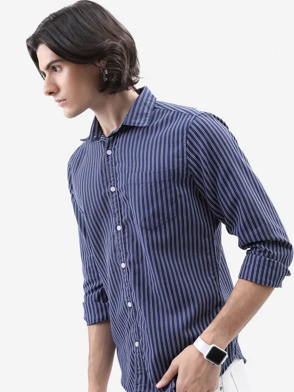  Highlander Men Navy Blue Striped Slim Fit Casual Shirts