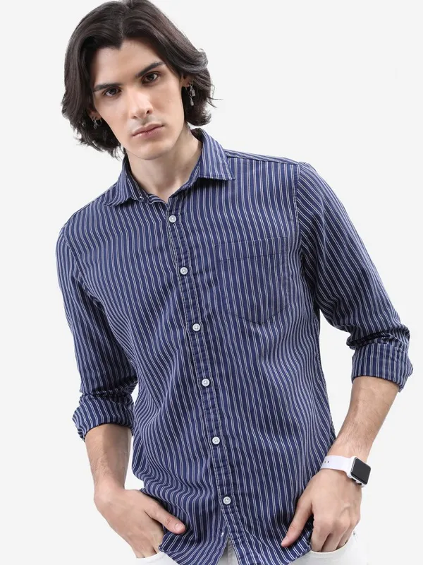  Highlander Men Navy Blue Striped Slim Fit Casual Shirts