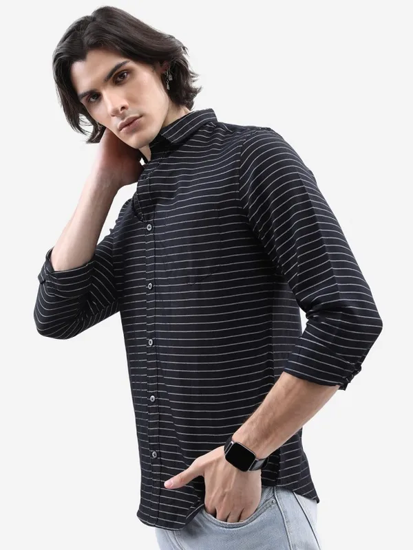  Highlander Men Black Striped Slim Fit Casual Shirts