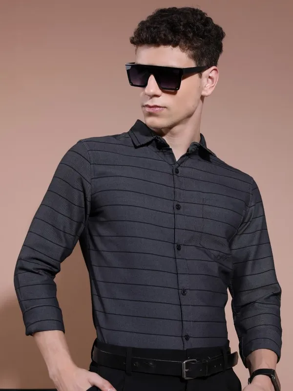  Highlander Men Charcoal Striped Slim Fit Casual Shirts