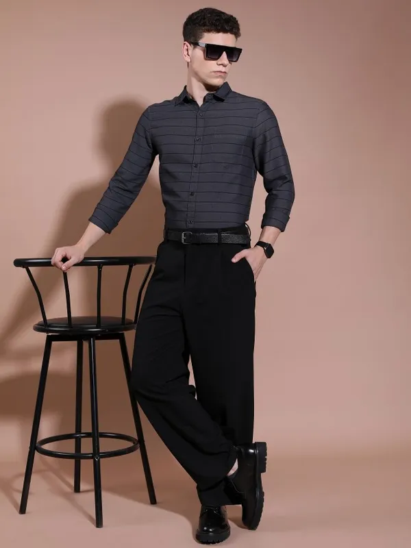  Highlander Men Charcoal Striped Slim Fit Casual Shirts