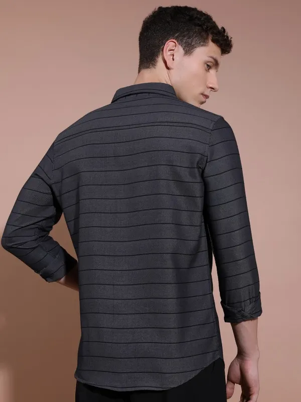  Highlander Men Charcoal Striped Slim Fit Casual Shirts
