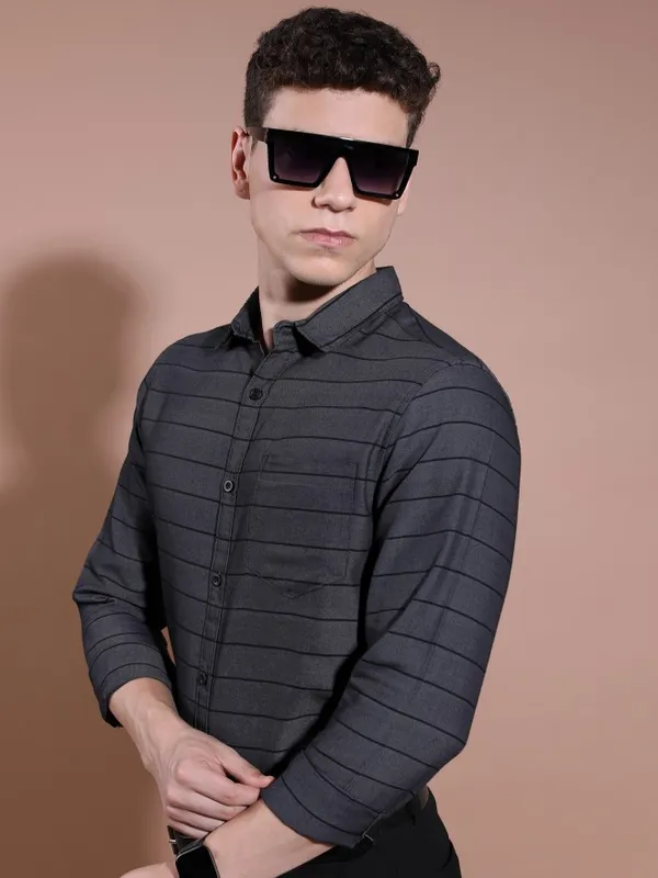  Highlander Men Charcoal Striped Slim Fit Casual Shirts