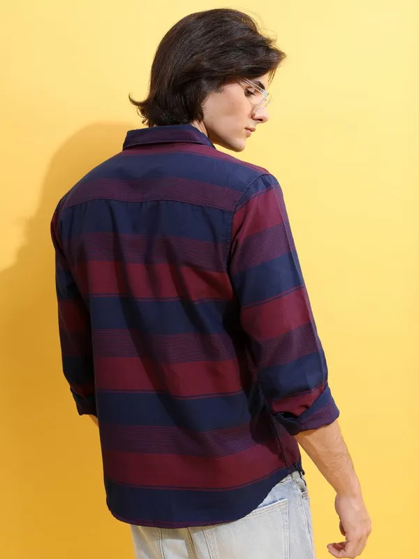  Highlander Men Red Striped Slim Fit Casual Shirts