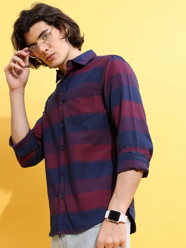  Highlander Men Red Striped Slim Fit Casual Shirts