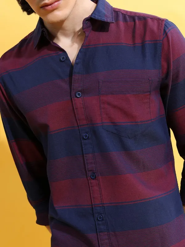  Highlander Men Red Striped Slim Fit Casual Shirts