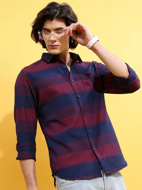  Highlander Men Red Striped Slim Fit Casual Shirts