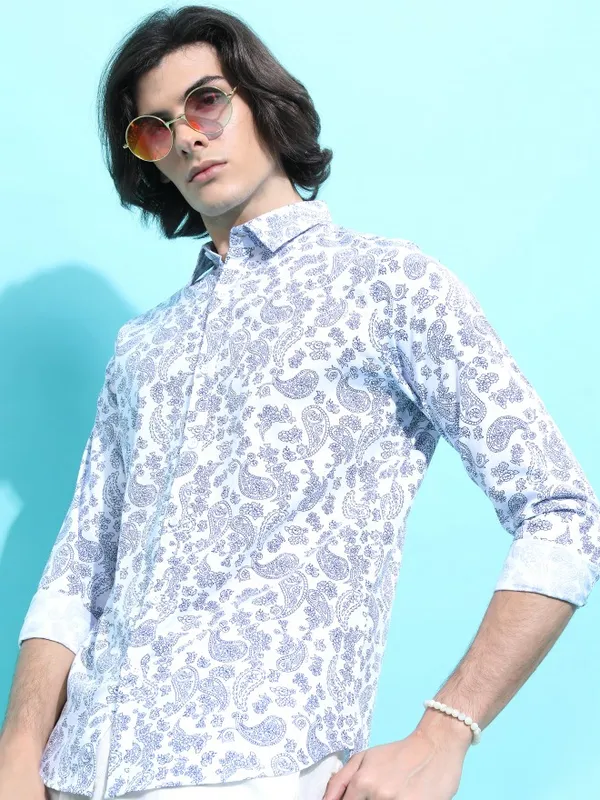  Ketch Men White Printed Slim Fit Casual Shirts