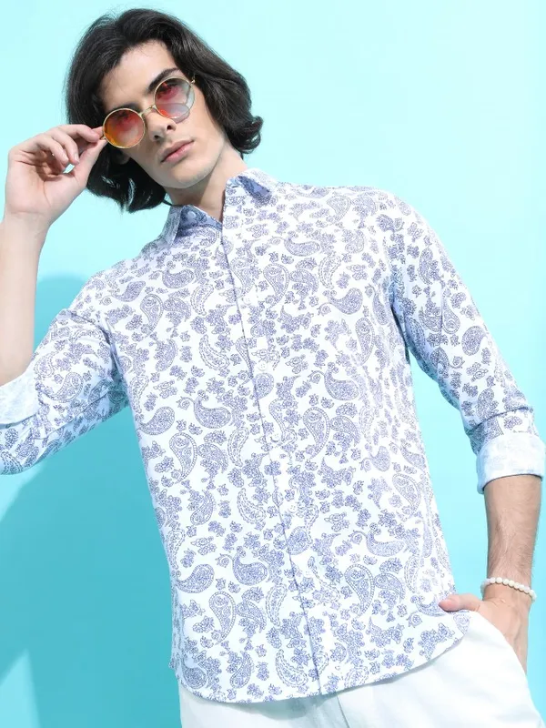  Ketch Men White Printed Slim Fit Casual Shirts