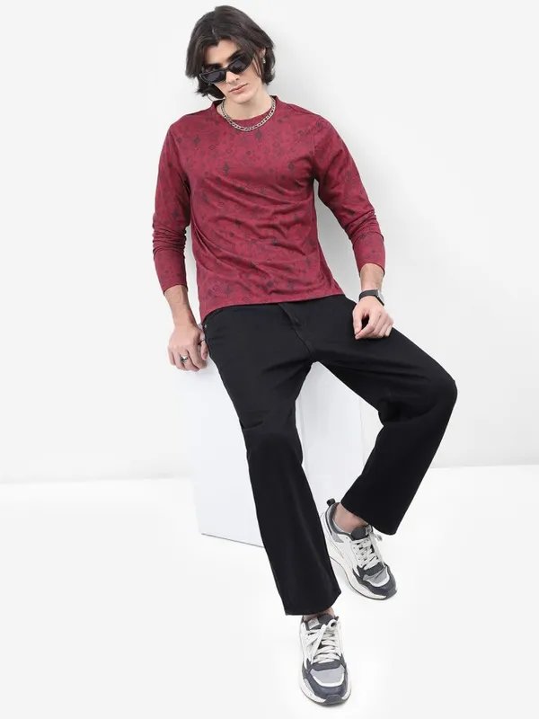 Highlander Men Maroon Printed Round Neck T-Shirt