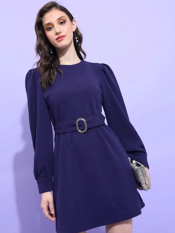 Tokyo Talkies Women Navy Blue Solid A-Line Dress