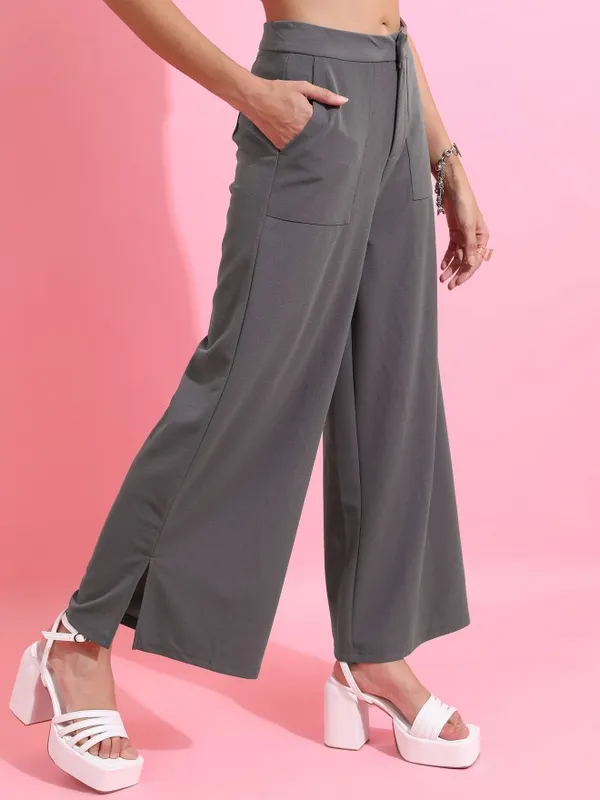  Ketch Women Grey Solid Regular Fit Casual Trousers