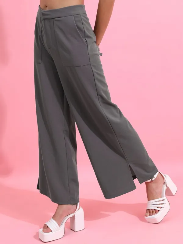  Ketch Women Grey Solid Regular Fit Casual Trousers