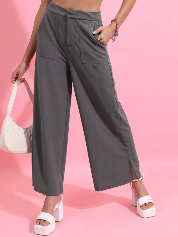  Ketch Women Grey Solid Regular Fit Casual Trousers