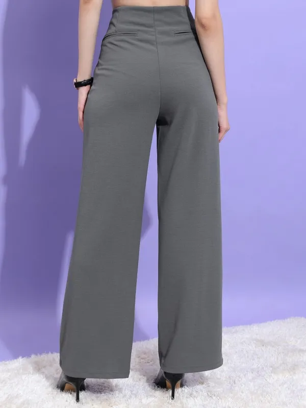  Ketch Women Grey Solid Regular Fit Casual Trousers