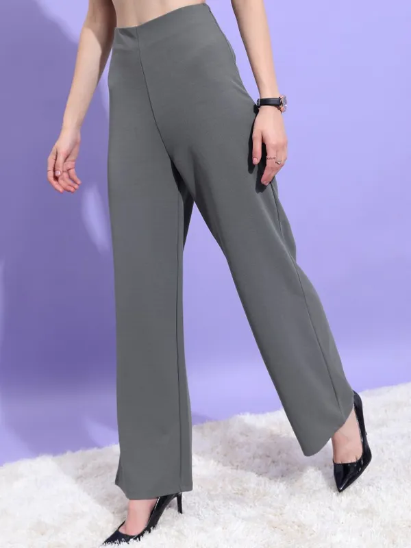  Ketch Women Grey Solid Regular Fit Casual Trousers