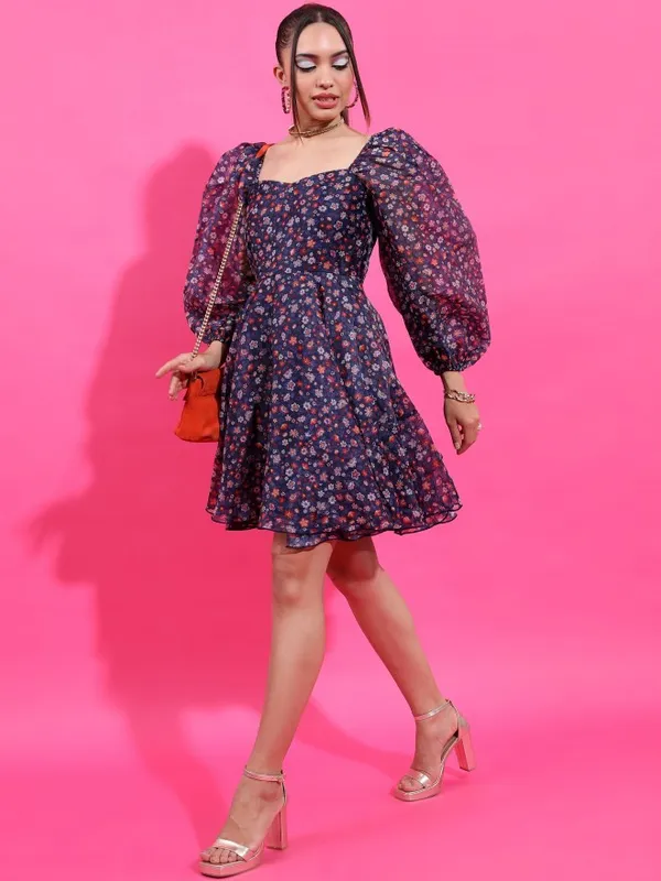 Tokyo Talkies Women Navy Blue Printed Fit And Flare Dress