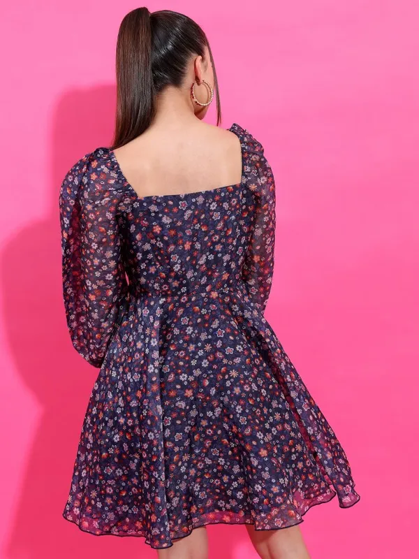 Tokyo Talkies Women Navy Blue Printed Fit And Flare Dress